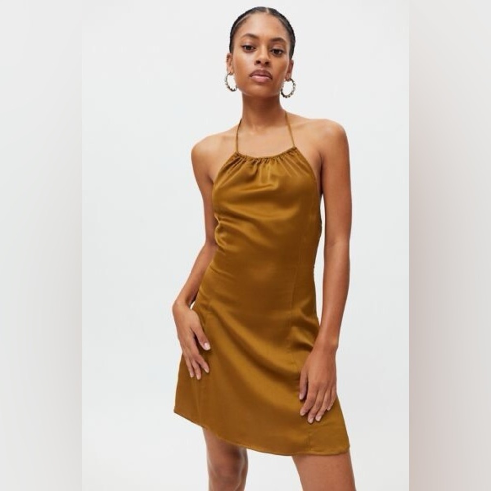 Urban Outfitters Shea Halter Dress Green Brown Hybrid Satin Size M SOLD OUT